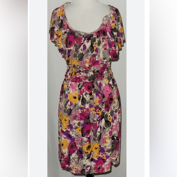 Elle | Floral Dress Off The Shoulder XS Abstract Soft Flowers Summer Flowy - Picture 1 of 8